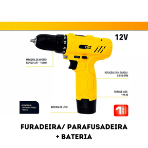 Furadeira/ Parafusadeira OZ + Jogo Ferramentas - Vamos às Compras